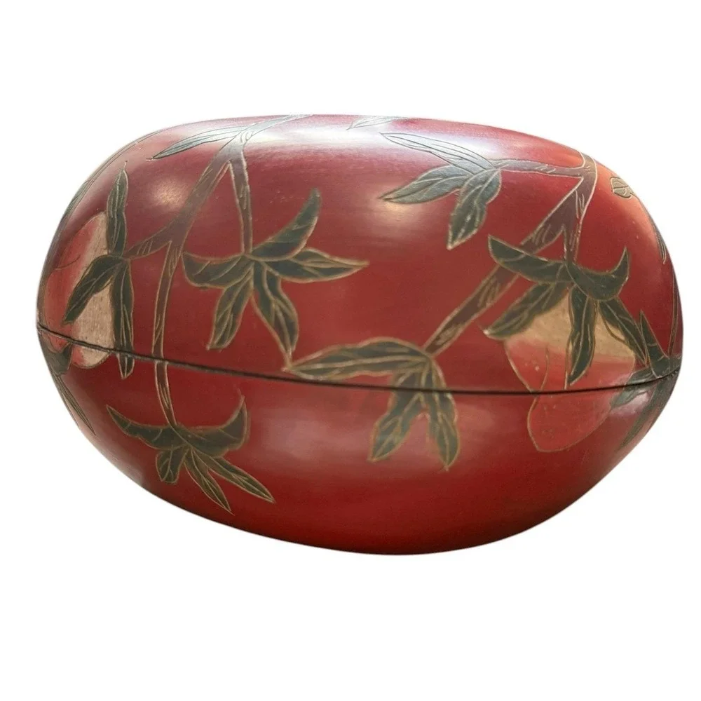 Vintage Japanese Red Lacquer Box Floral Trinket Bowl‎ Lidded Wood Decor